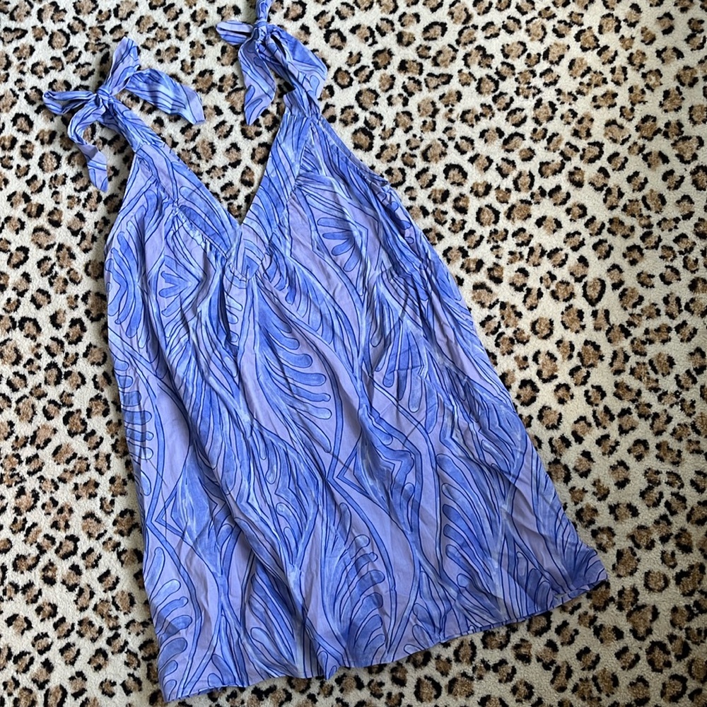 Sleeveless Blue Printed Halter Summer Dress